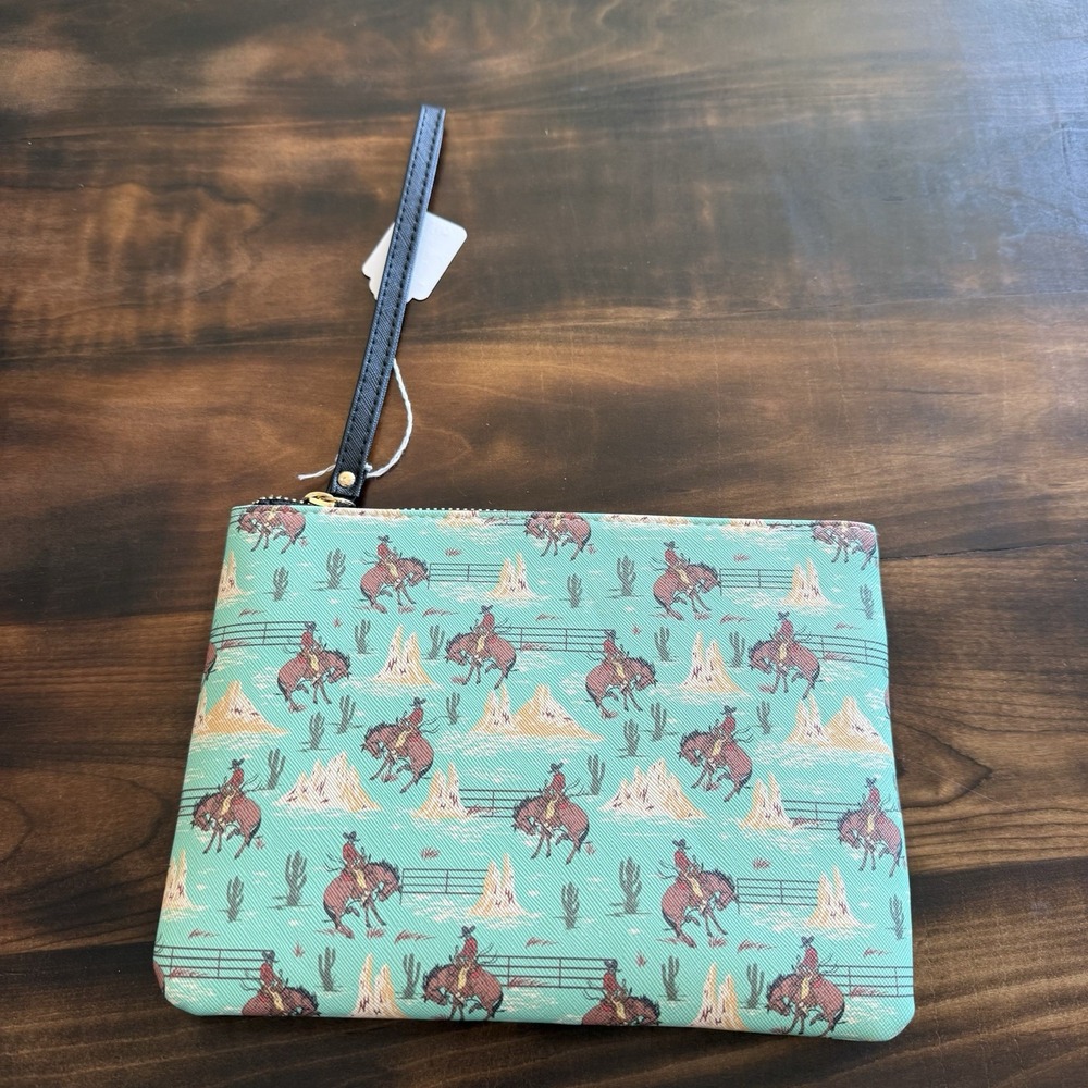 Western Bronco Cowboy Wristlet Cosmetic Bag Turquoise Desert Rodeo Pouch‎ NWOT